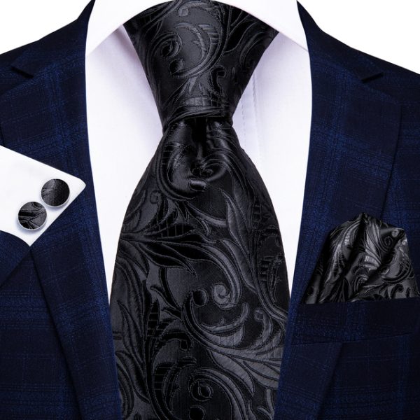Μεταξωτή γραβάτα, μαντήλι, μανικετόκουμπα μαύρη λαχούρια