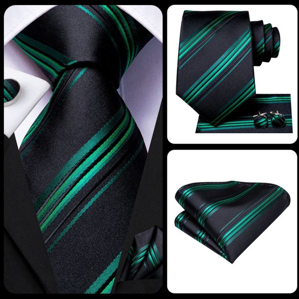 Σετ μεταξωτή γραβάτα, μαντήλι, μανικετόκουμπα πράσινη ρίγα
