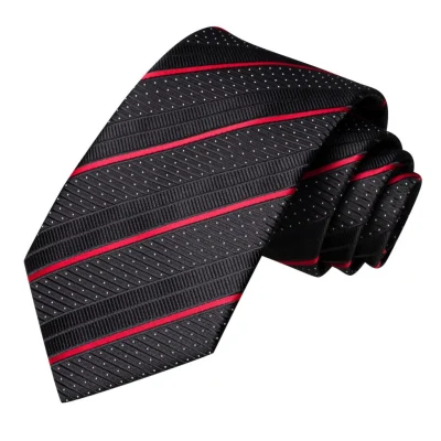 Μαύρη Μεταξωτή γραβάτα μαντήλι μανικετόκουμπα κόκκινη-ρίγα