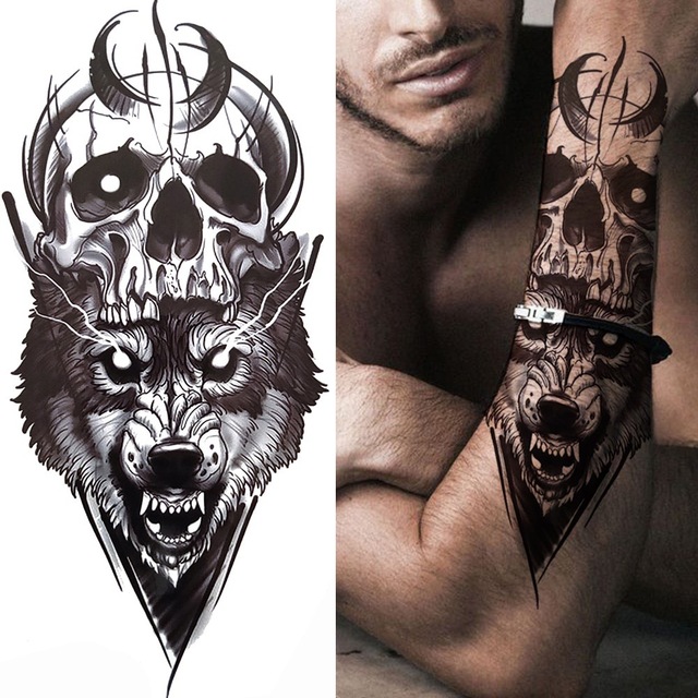 Ανδρικό αδιάβροχο προσωρινό τατουάζ μανίκι κρανίο-λύκος