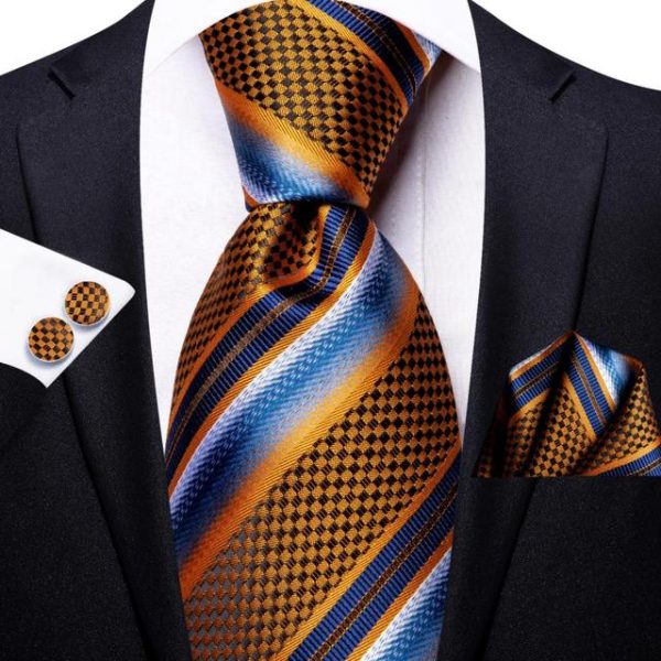 Σετ μεταξωτή γραβάτα μαντήλι μανικετόκουμπα ριγέ πορτοκαλί-μπλε