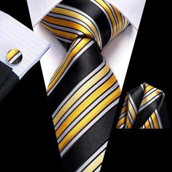Σετ μεταξωτή γραβάτα μαντήλι μανικ/κουμπα ριγέ κιτρινη