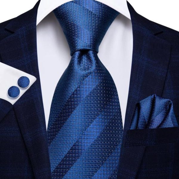 Σετ μεταξωτή γραβάτα μαντήλι μανικετόκουμπα ριγέ blue