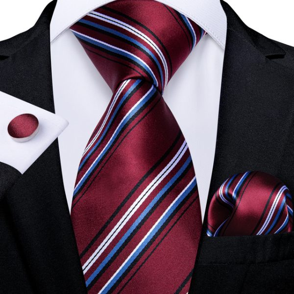 Σετ μεταξωτή γραβάτα μαντήλι μανικ/κουμπα ριγέ κόκκινη σχέδιο