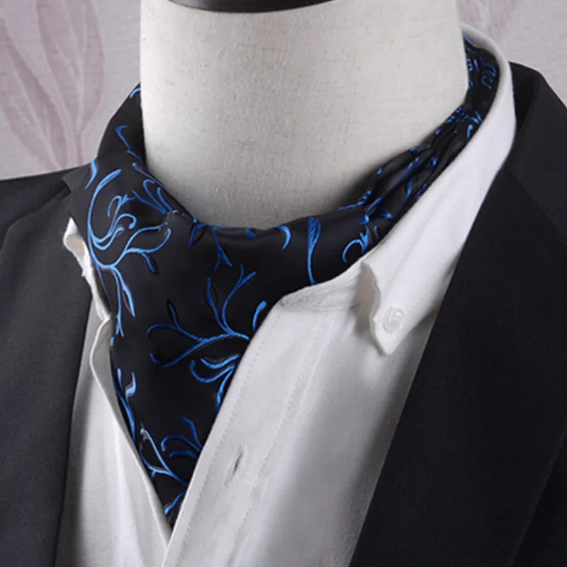 Black ascot tie with minimal navy blue design