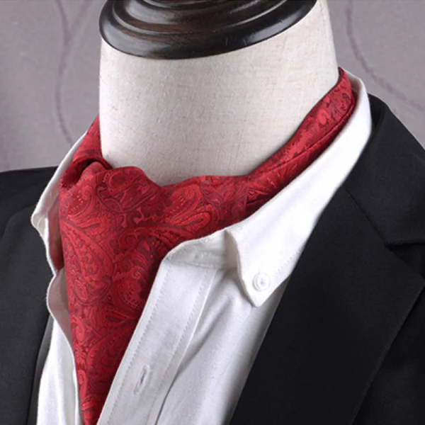 Black ascot tie with minimal red design