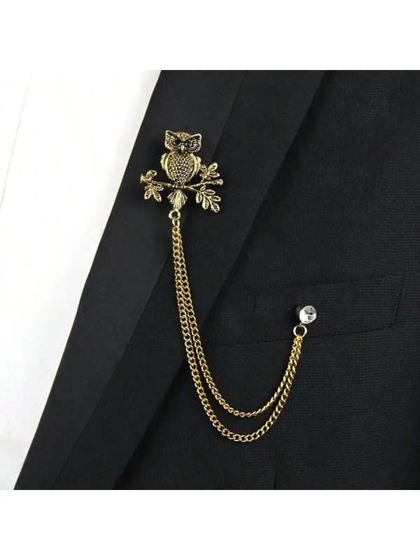 Men's Gold Antique Owl Chain Lapel Pin