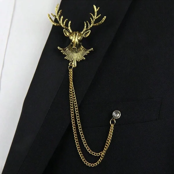 Men's Lapel Pin Antique Gold Deer Bust with Chain