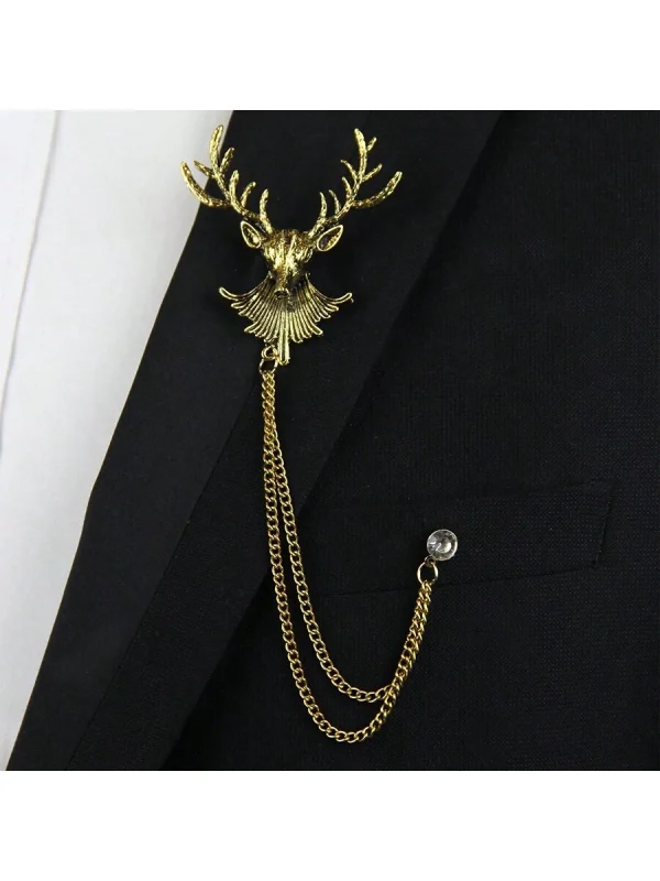 Men's Lapel Pin Antique Gold Deer Bust with Chain