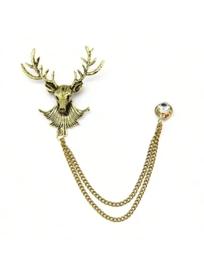 Men's Lapel Pin Antique Gold Deer Bust with Chain