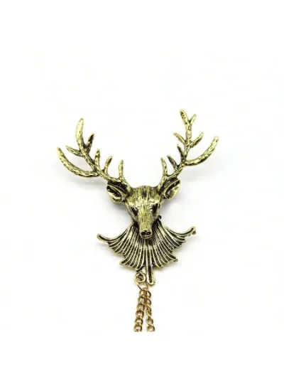 Men's Lapel Pin Antique Gold Deer Bust with Chain