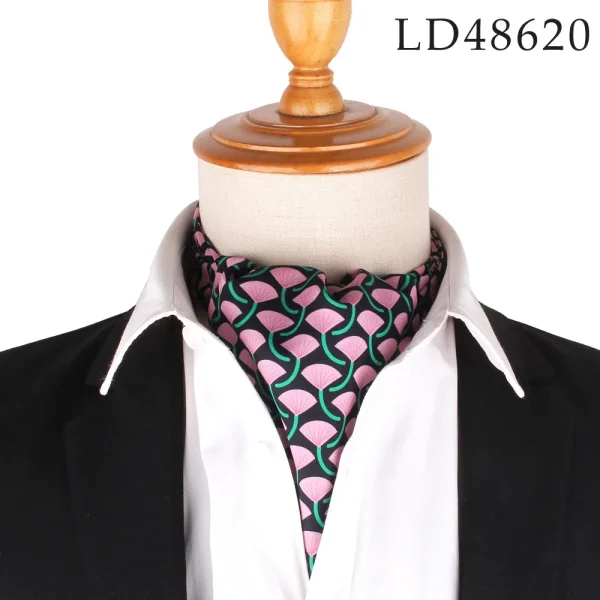 Men's black ascot tie with pink water lily