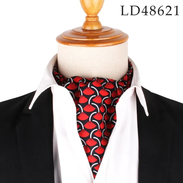 Men's black ascot tie with red water lily